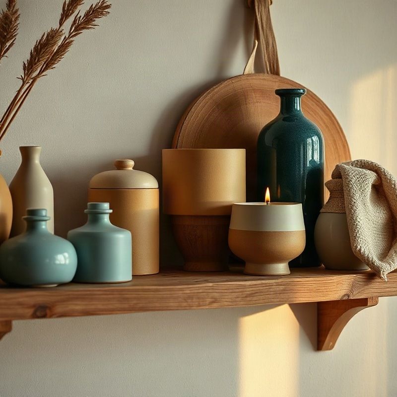 Objetos de decoración artesanales sobre un estante de madera con luz natural