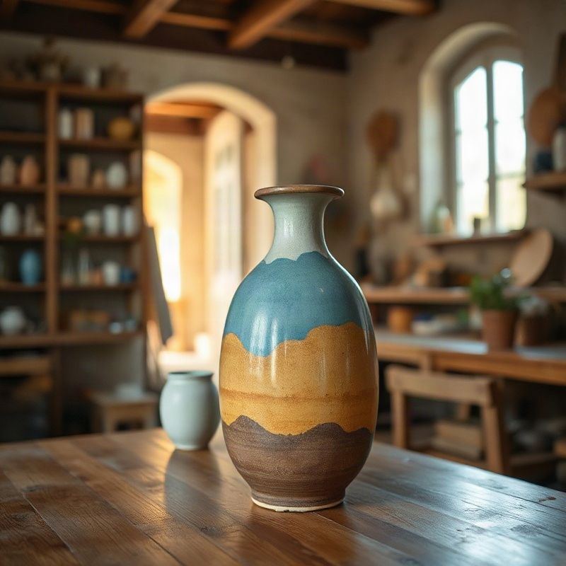 Jarrón cerámico pintado a mano en tonos azules y tierra sobre superficie de madera