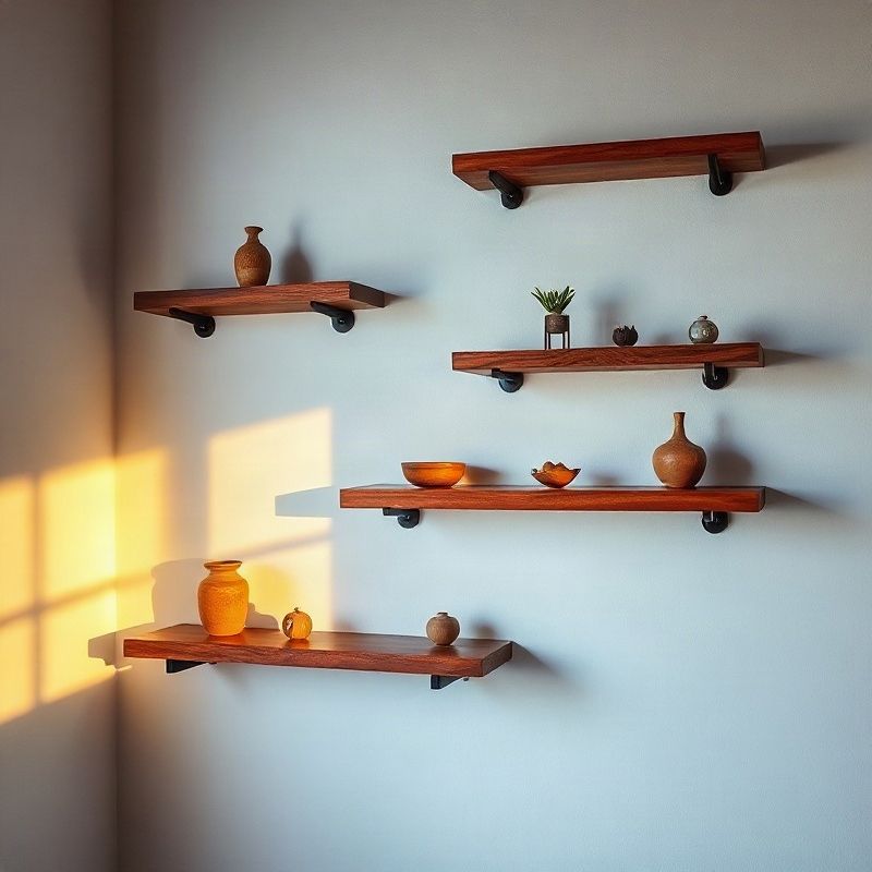 Estantes flotantes de algarrobo montados sobre pared blanca con pequeños objetos artesanales