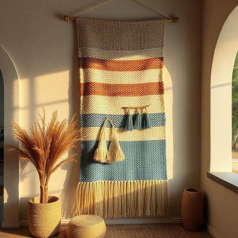 Tapiz textil tejido a mano en tonos neutros y azules colgado en un interior mendocino