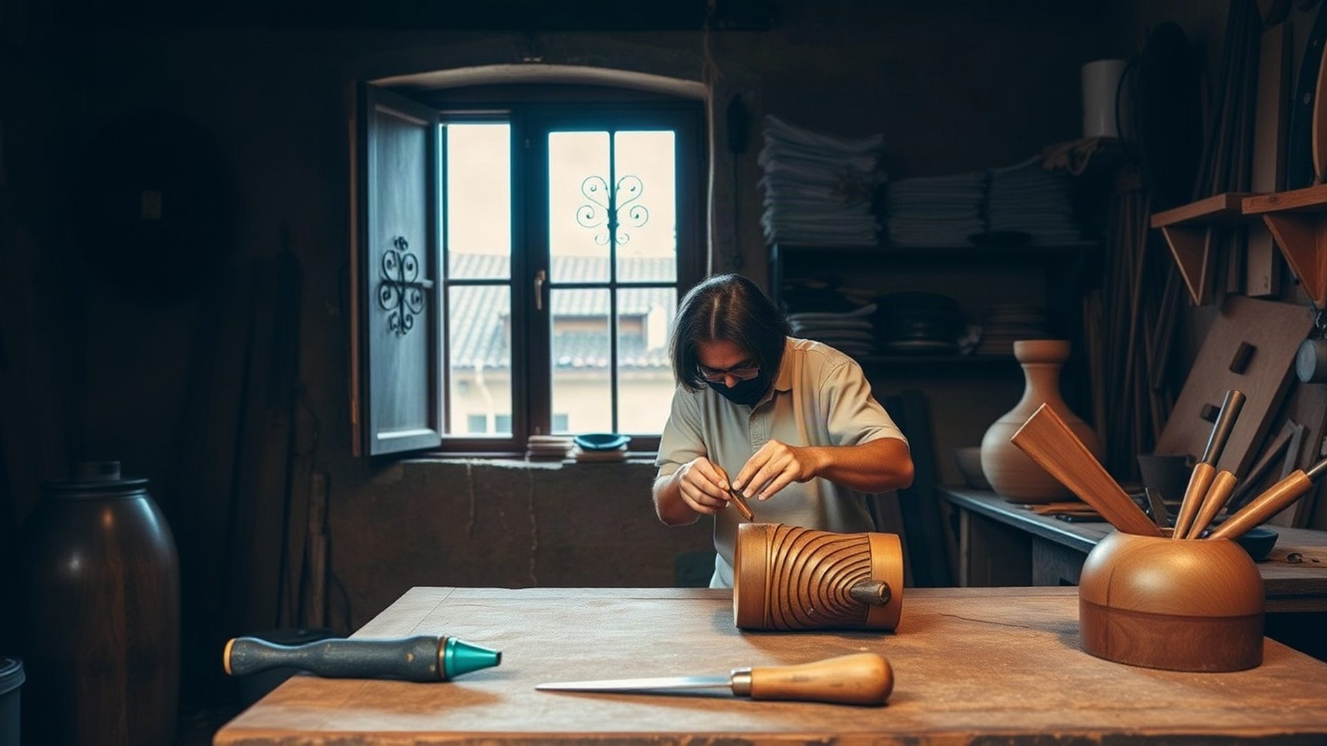 Manos de un artesano trabajando una pieza de madera en el taller Craftstudioq de Mendoza