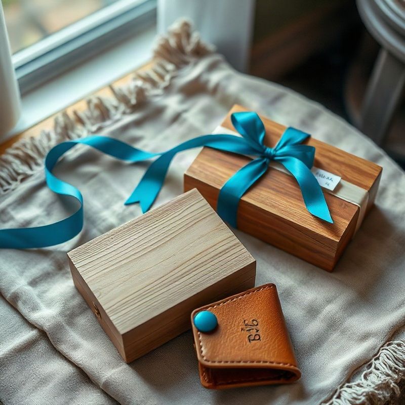 Regalos artesanales personalizados: caja de madera grabada y portatarjetas de cuero sobre lino